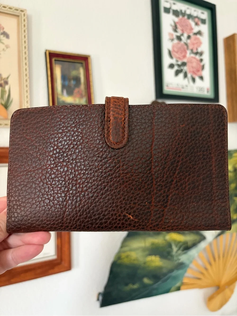 Vintage Handmade Dark Brown Pebbled Leather Long Bifold Wallet with Brass Accent